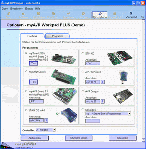 Einstellungen des myAVR Workpad PLUS